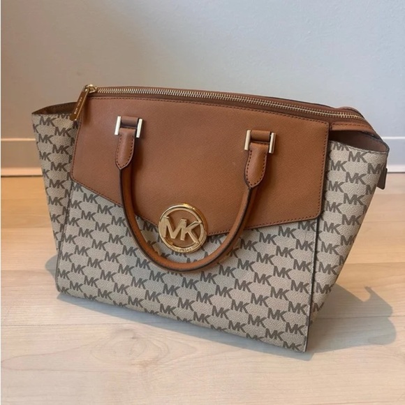 Michael Kors Signature Saffiano Leather Tan and Cream Satchel - Picture 1 of 7